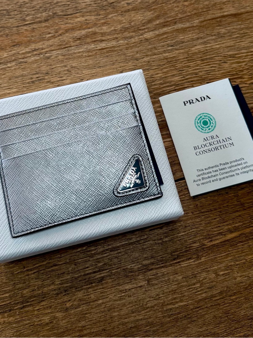 Prada Metallic Silver Saffiano Leather Card Case - Picture 5 of 7